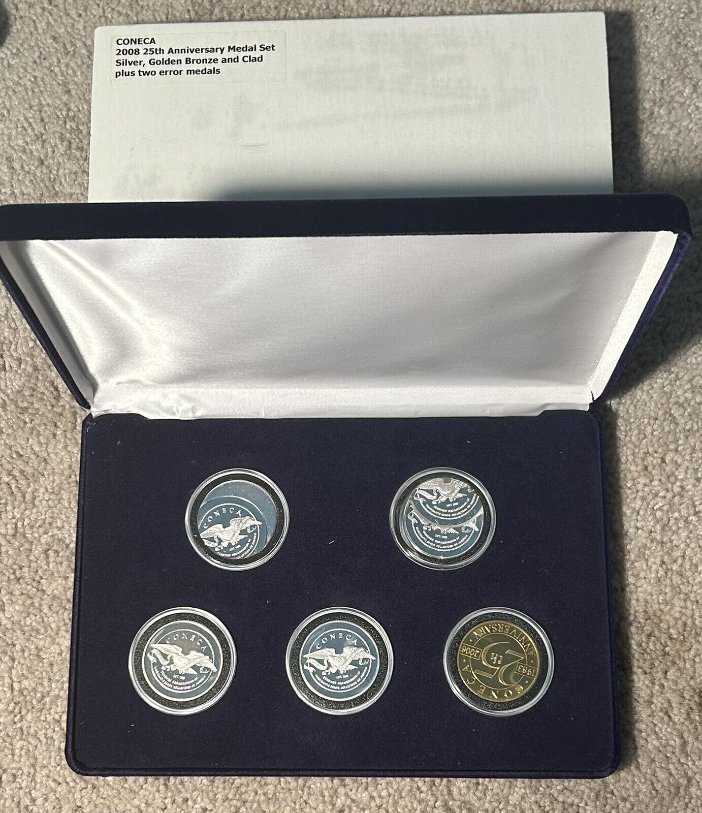 2008 25th Coneca Anniversary 5 Medal Set : Silver, Bronze, Clad and 2 Errors