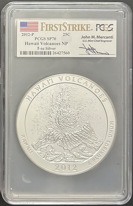 2012-P PCGS SP70 .999 SILVER Hawaii Volcanoes NP ATB Mercanti First Strike 5 Oz