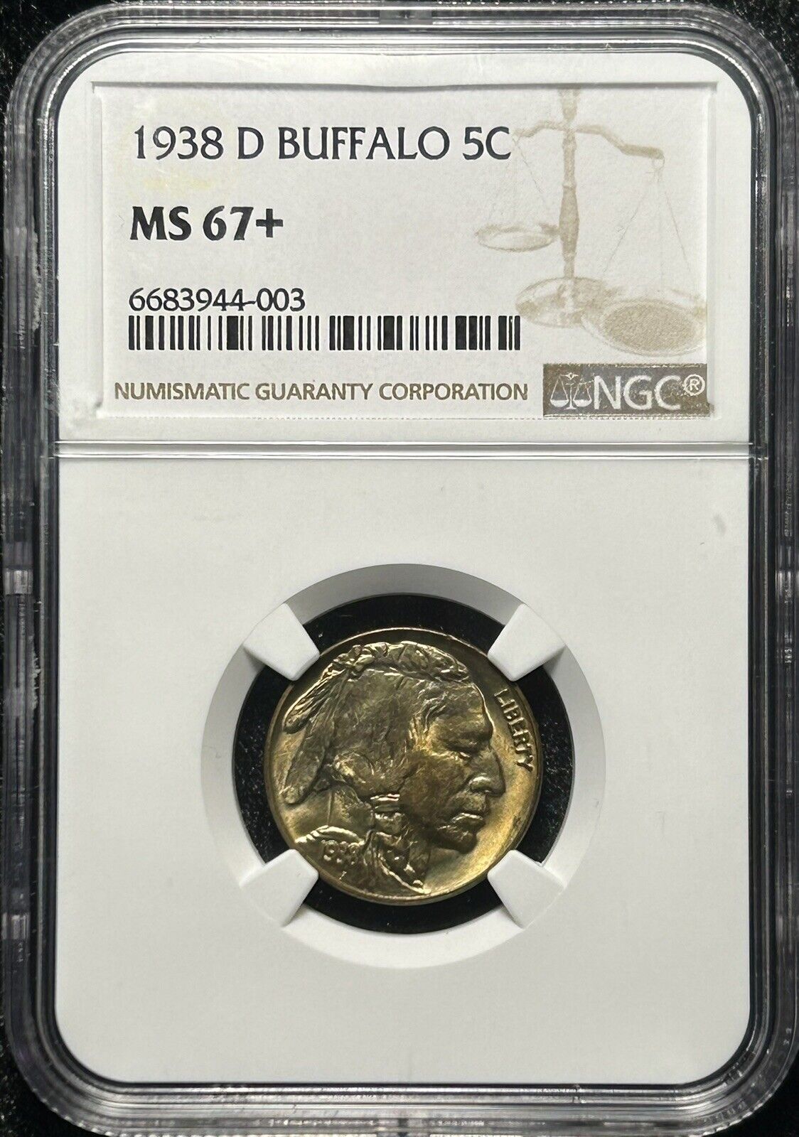 1938-D 5c BUFFALO NICKEL NGC MS67+ Toned Great Color