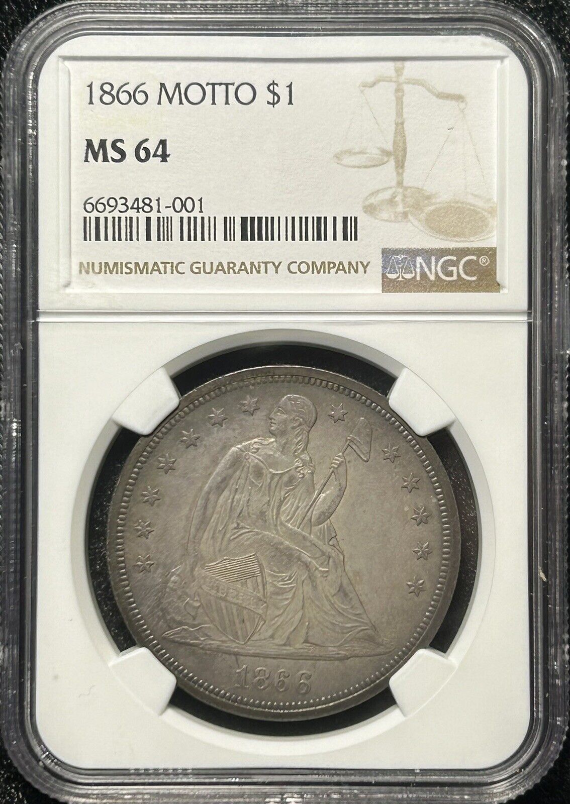 1866 $1 Seated Liberty Silver Dollar NGC MS64 With Motto