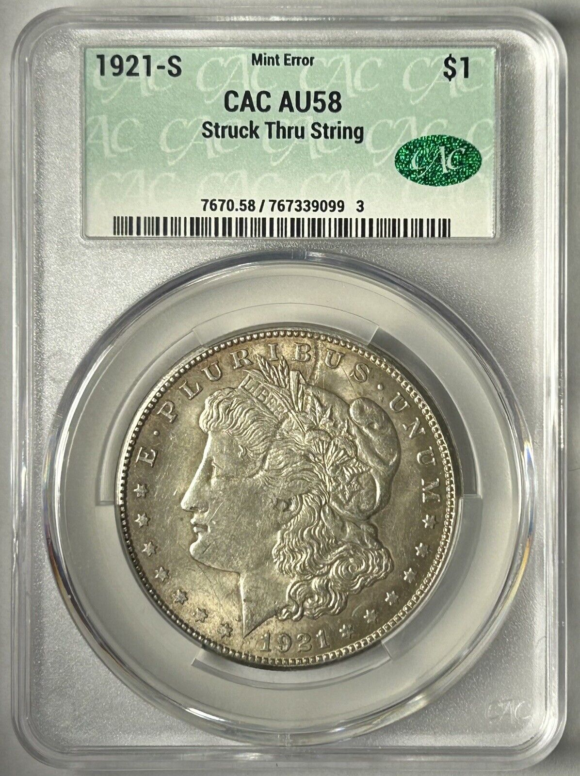 1921-S $1 Morgan Silver Dollar CACG AU58 Struck Thru String CAC Grading Error