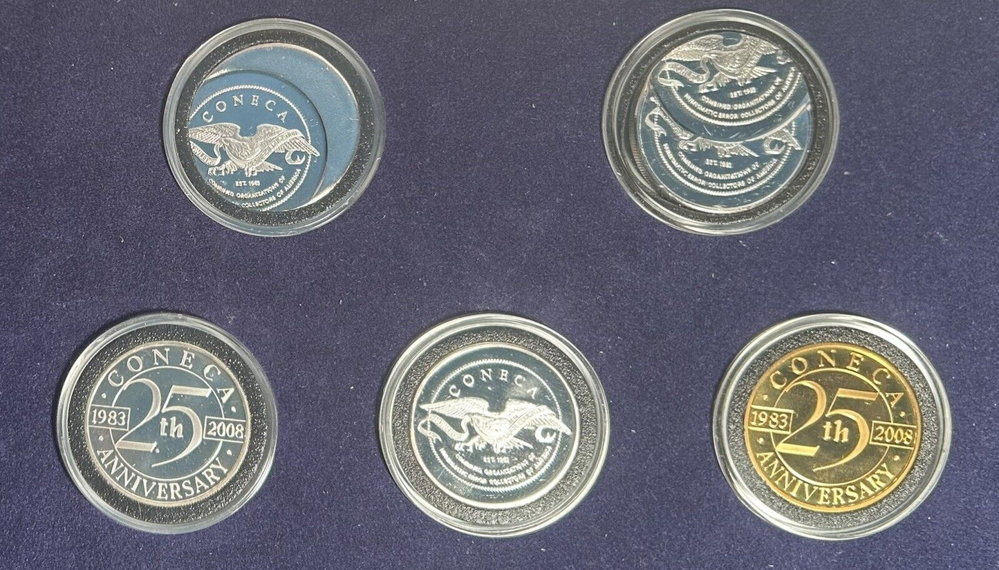 2008 25th Coneca Anniversary 5 Medal Set : Silver, Bronze, Clad and 2 Errors