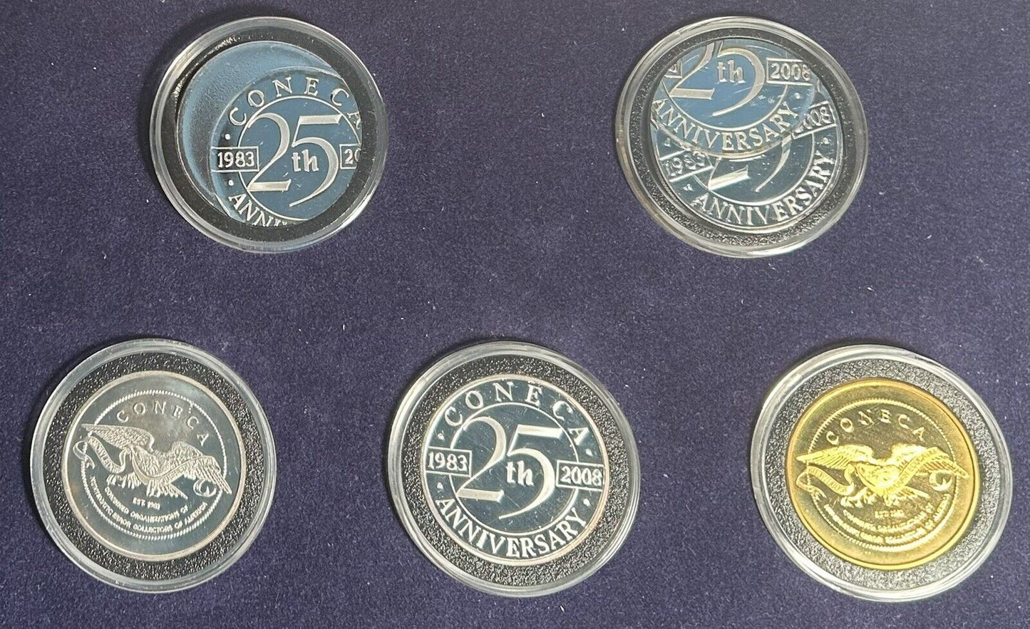 2008 25th Coneca Anniversary 5 Medal Set : Silver, Bronze, Clad and 2 Errors