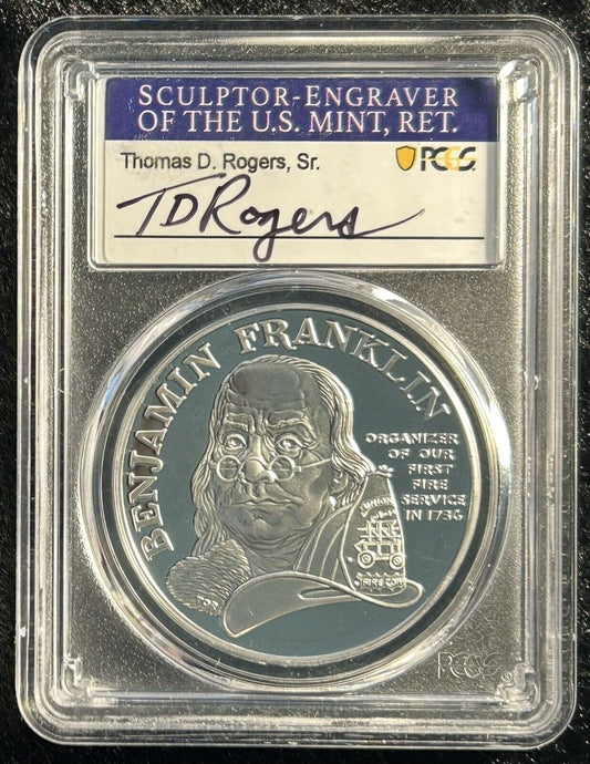 1992-P FIRE SERVICE SILVER MEDAL PCGS Benjamin Franklin PR70DCAM By T.D. ROGERS